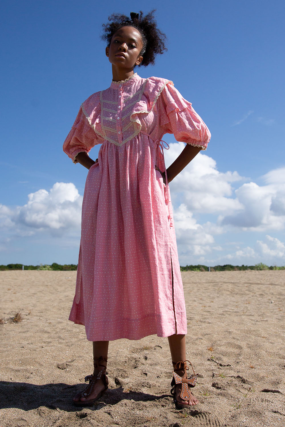 light pink linen dress CINNABAR LINEN RANDOM DOT BABY PINK MIDI DRESS – Zuttion