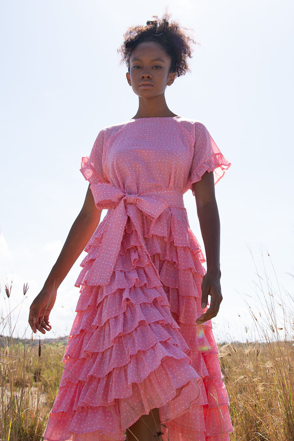 DOMINIQUE RUFFLE RANDOM DOT BABY PINK MIDI DRESS Zuttion DOMINIQUE RUFFLE RANDOM DOT BABY PINK MIDI DRESS Zuttion