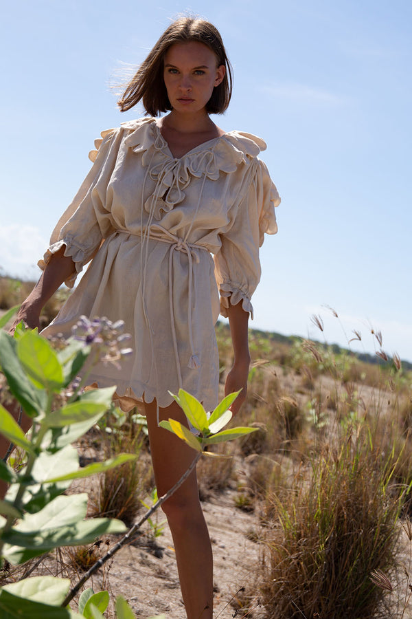 MAJA SCALLOP LINEN NUDE MIDI DRESS